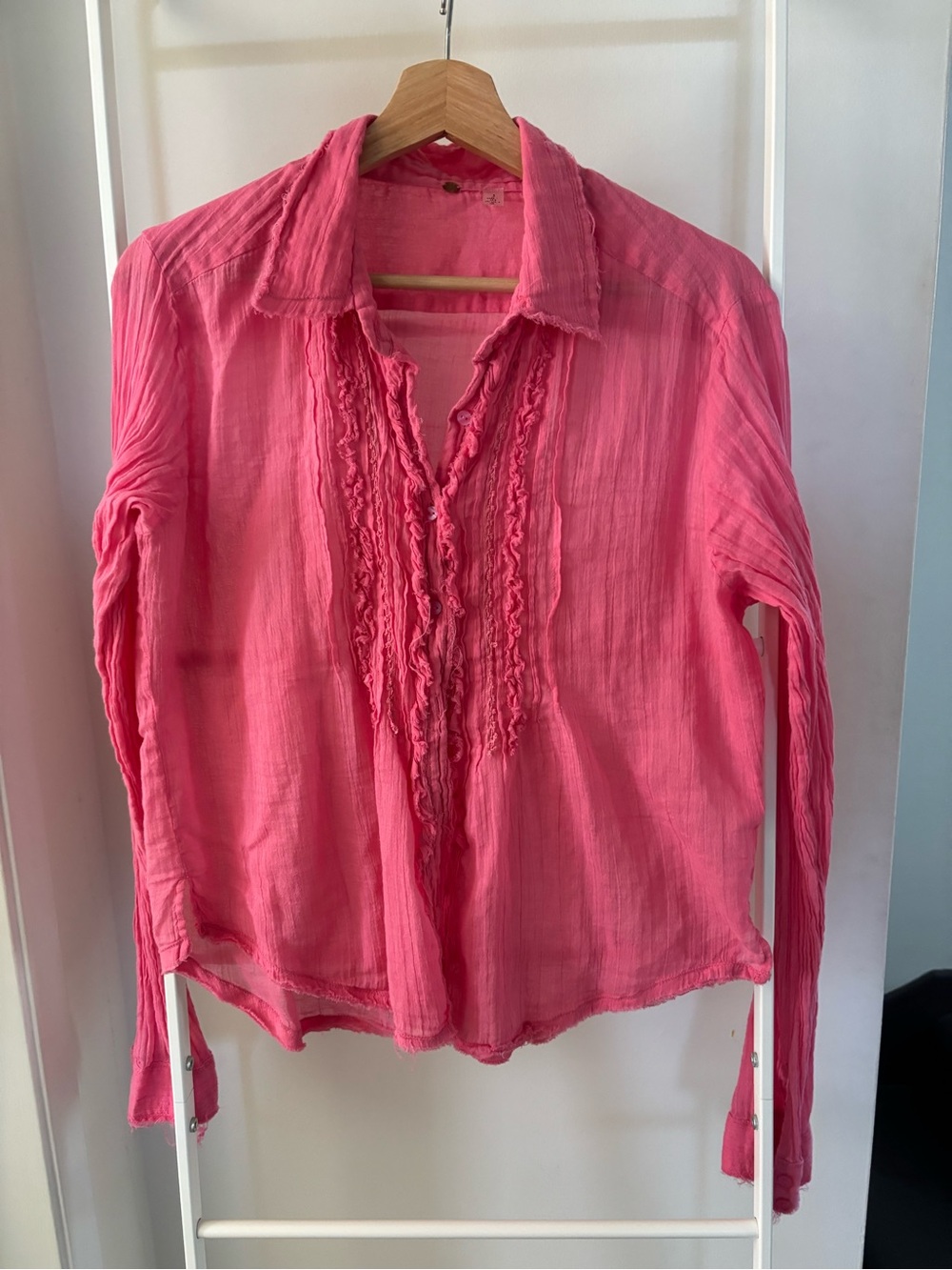Free People Pink Ruffle-Front Long Sleeve Blouse